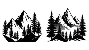 Yüksek Dağlar ve Evergreen Ağaçları Silueti Tek Krom Doğa Sahnesi siyah silueti beyaz arka planda. Dağlı bir çam ağacının vektör çizimi