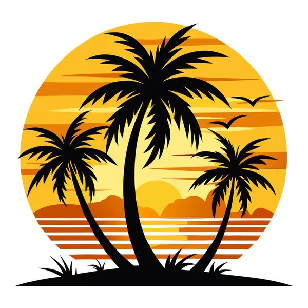 Tropik plaj günbatımı. Palmiye ağacı siluetleri ile canlı bir gökyüzüne karşı. t-shirt için grafik kaynağı