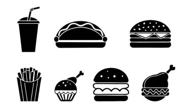 Beyaz arka planda izole edilmiş bir grup fast food siyah siluet..