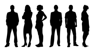 Silüet, kurumsal insan silüetleri, bir grup iş adamı, siyah siluet, siluet ayakta duran kadın ve erkek.