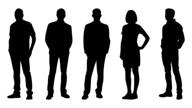 Silüet, kurumsal insan silüetleri, bir grup iş adamı, siyah siluet, siluet ayakta duran kadın ve erkek.