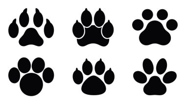 Pençe izi simgelerinden oluşan siyah siluetler, siyah ve beyaz pençe izi simgeleri, köpek ve kedi ayak izleri, farklı köpek patisi işaret silueti simgesi siyah ve beyaz