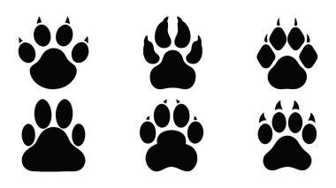 Pençe izi simgelerinden oluşan siyah siluetler, siyah ve beyaz pençe izi simgeleri, siluet tasarımında, köpek ve kedi ayak izleri de dahil olmak üzere hayvan izlerinin kusursuz bir vektör desenini tasvir eder.