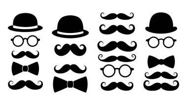 Beyaz arka planda Şapka, Gözlük, Bıyık ve Fiyonk Kravatlı siyah beyaz siluet vektör kümesi. Babalar Günü simgesi seti