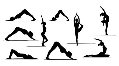 Yoga pozlarının siluetleri, siyah vektör silueti çizimleri genç bir kadını dans veya yoga pozunda gösteriyor. Yoga yapan bir kadının silueti.