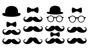 Beyaz arka planda Şapka, Gözlük, Bıyık ve Fiyonk Kravatlı siyah beyaz siluet vektör kümesi. Babalar Günü simgesi seti