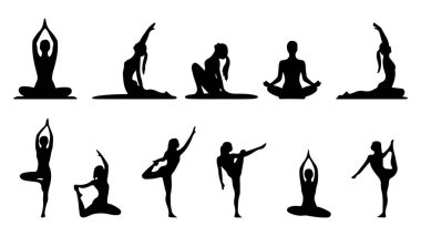 Yoga pozlarının siluetleri, siyah vektör silueti çizimleri genç bir kadını dans veya yoga pozunda gösteriyor. Yoga yapan bir kadının silueti.