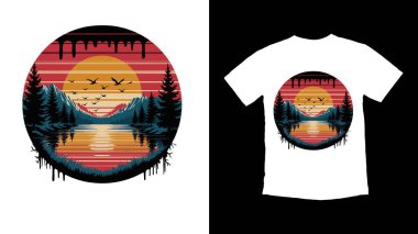 Retro Drip Sunset Graffiti T-Shirt Tasarımı. Eski bir günbatımının yer aldığı dairesel bir manzara tasarımı
