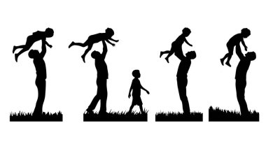 Baba ve çocuğun siluet koleksiyonu. Babalar günün kutlu olsun, aile silueti vektörü.
