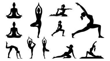 Yoga pozlarının siluetleri, siyah vektör silueti çizimleri genç bir kadını dans veya yoga pozunda gösteriyor. Yoga yapan bir kadının silueti.