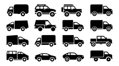 Beyaz zemin üzerinde çeşitli taşıma araçlarının siluetleri, taşıma simgeleri seti