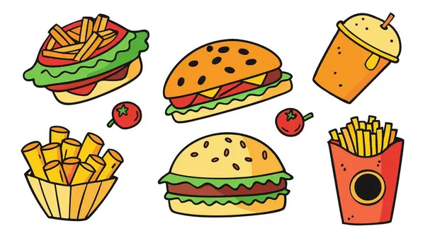 Hamburger, pizza ve patates kızartması da dahil olmak üzere elle çizilmiş fast food çizimleri. Fast food simgesi kümesinin vektör illüstrasyonu