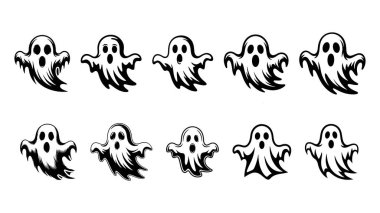 Dramatik ve dalgalı çizgileri olan ürkütücü bir hayaletin Cadılar Bayramı temalı vektör simgelerinin toplanması. Hayalet siyah ve beyaza bürünmüş.