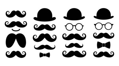 Erkekler için klasik kıvırcık sakal, gözlük ve komik saç siluetleri koleksiyonu, Babalar Günü konsepti.