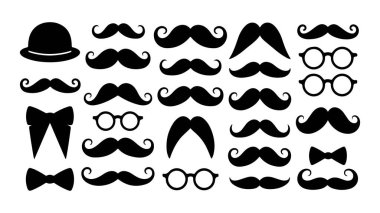 Erkekler için klasik kıvırcık sakal, gözlük ve komik saç siluetleri koleksiyonu, Babalar Günü konsepti.