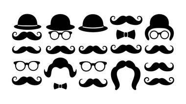 Erkekler için klasik kıvırcık sakal, gözlük ve komik saç siluetleri koleksiyonu, Babalar Günü konsepti.