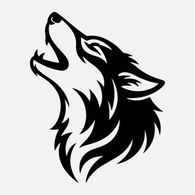 Siyah ve beyaz minimalist kabile tarzı kurt kafası tasarımı. Kurt başı, kabile kurt kabilesi dövmesi.