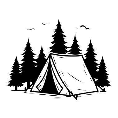 Kamp yapmak ve ormanda kamp yapmak için Çadır Silüeti Çizimi