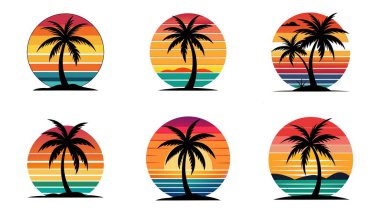 Eski günbatımı sahnelerinin koleksiyonu. Palmiye ağaçları ve renkli çizgili arka planlar.