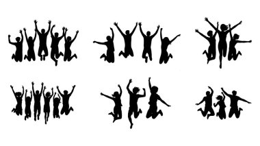 Çeşitli insan grupları zıplıyor ve kollarını kaldırarak kutluyorlar.