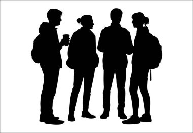 Beyaz bir arkaplan karşısında siluette yan yana duran dört genç insan.