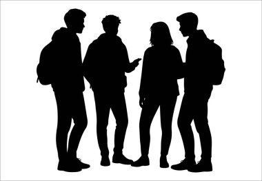 Dört genç arkadaştan oluşan bir grup, beyaz bir arkaplanda siluette yan yana duruyorlar.
