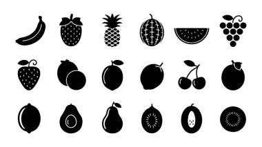 Çeşitli meyve simgelerinin vektör çizimi, renkli bir vektör illüstrasyonunda taze meyvelerin canlı çeşitliliği