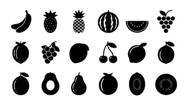 Çeşitli meyve simgelerinin vektör çizimi, renkli bir vektör illüstrasyonunda taze meyvelerin canlı çeşitliliği