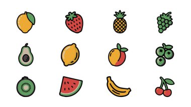 Çeşitli renkli meyve simgelerinin vektör çizimi, tasarım projeleri için taze meyve örneklerinin canlı çeşitliliği