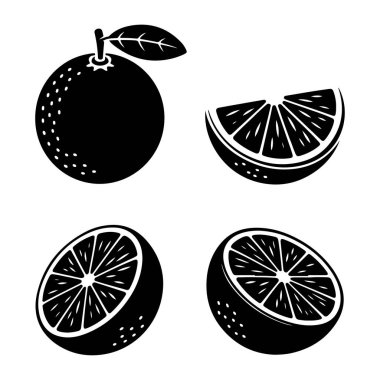 Çok yönlü turuncu siluet meyve seti, dilimlenmiş ve yarım kesilmiş bütünün vektör çizimleri. Tasarım Projeleri için Mükemmel