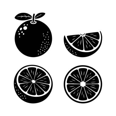 Çok yönlü turuncu siluet meyve seti, dilimlenmiş ve yarım kesilmiş bütünün vektör çizimleri. Tasarım Projeleri için Mükemmel