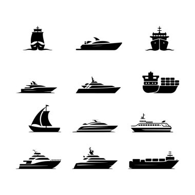 Farklı deniz ya da nehir taşıma simgelerinin vektör siluetleri. Çeşitli araç ve seyahat şekilleri içeren modern ulaşım simgeleri
