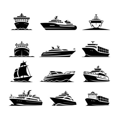 Farklı deniz ya da nehir taşıma simgelerinin vektör siluetleri. Çeşitli araç ve seyahat şekilleri içeren modern ulaşım simgeleri