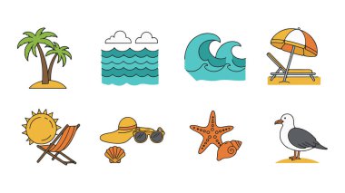 Dijital tasarım için canlı deniz sahili yaz ikonu koleksiyonu, seyahat simgeleri seti, yaz simgeleri seti
