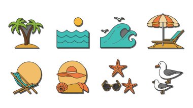 Dijital tasarım için canlı deniz sahili yaz ikonu koleksiyonu, seyahat simgeleri seti, yaz simgeleri seti