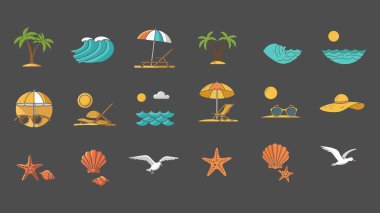 Dijital tasarım için canlı deniz sahili yaz ikonu koleksiyonu, seyahat simgeleri seti, yaz simgeleri seti
