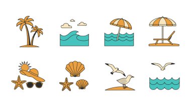 Dijital tasarım için canlı deniz sahili yaz ikonu koleksiyonu, seyahat simgeleri seti, yaz simgeleri seti