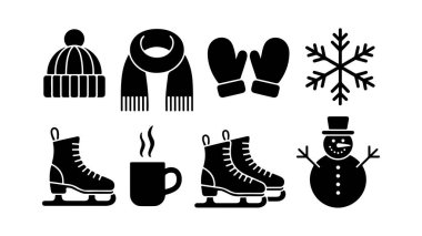 Kış temalı simgenin basit bir beyaz arkaplan, vektör kümesine karşı açık ve belirgin çizimler içeren kış ögesi simgesi seti