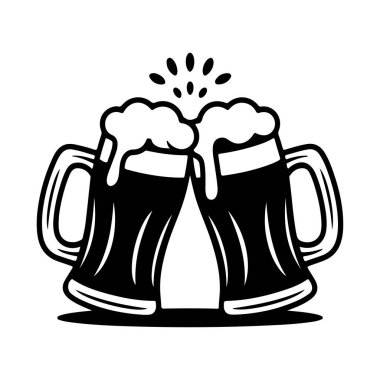 Bira bardakları kutlama, parti, tezahürat, bar, Ekim festivali ve içki temalı dekorasyon için siluet vektör tasarımı kızartıyorlar. Bira şişesi ve biranın el çizimi tasviri