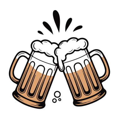 Bira bardakları kutlama, parti, tezahürat, bar, Ekim festivali ve içki temalı dekorasyon için siluet vektör tasarımı kızartıyorlar. Bira şişesi ve biranın el çizimi tasviri