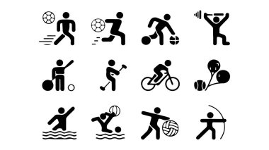 Grafik tasarım projeleri için çeşitli spor temalı simgelerin koleksiyonu