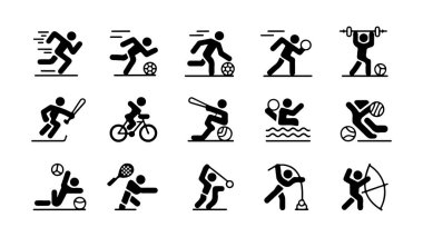 Grafik tasarım projeleri için çeşitli spor temalı simgelerin koleksiyonu