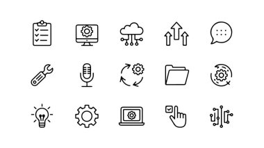 Modern teknoloji ve iş verimliliği ikonu soyut elementler, web için vektör simgeleri kümesi