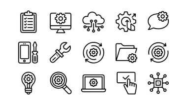 Modern teknoloji ve iş verimliliği ikonu soyut elementler, web için vektör simgeleri kümesi