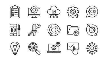 Modern teknoloji ve iş verimliliği ikonu soyut elementler, web için vektör simgeleri kümesi