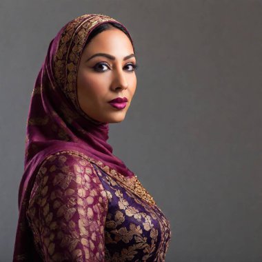 Middle-aged Arabian female in Victorian-era dress, appearing to float, photographed in a Medium Close Up with Focus Pull and Over-The-Shoulder Shot, closeup portrait orientation clipart