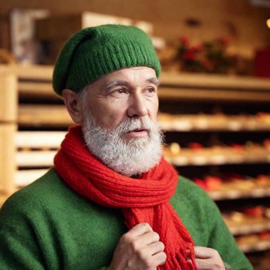 Ekstrem makro yakın plan Noel Elf sakallı beyaz sakallı adam oyuncakçıda hediyeler depo arka planı, çok detaylı, tam 8 km genişliğinde odak, portre