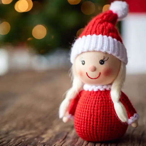 Extreme Closeup Christmas Toy Knitted Elf Dolls Santa Hat Very — Stock Photo, Image