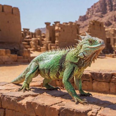 An eye-level wide shot photo of a dragon in a desert landscape, with ancient ruins in the background. The focus pull transitions from the dragon's scales shimmering in the sunlight to the weathered stone structures, emphasizing the desolate beauty clipart