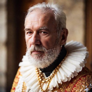 extreme macro portrait old man in renaissance costume, ruff collar, golden robe, noble demeanor, detailed embroidery, ornate jewelry, old city background, regal pose, sharp focus. Portrait. Close up clipart